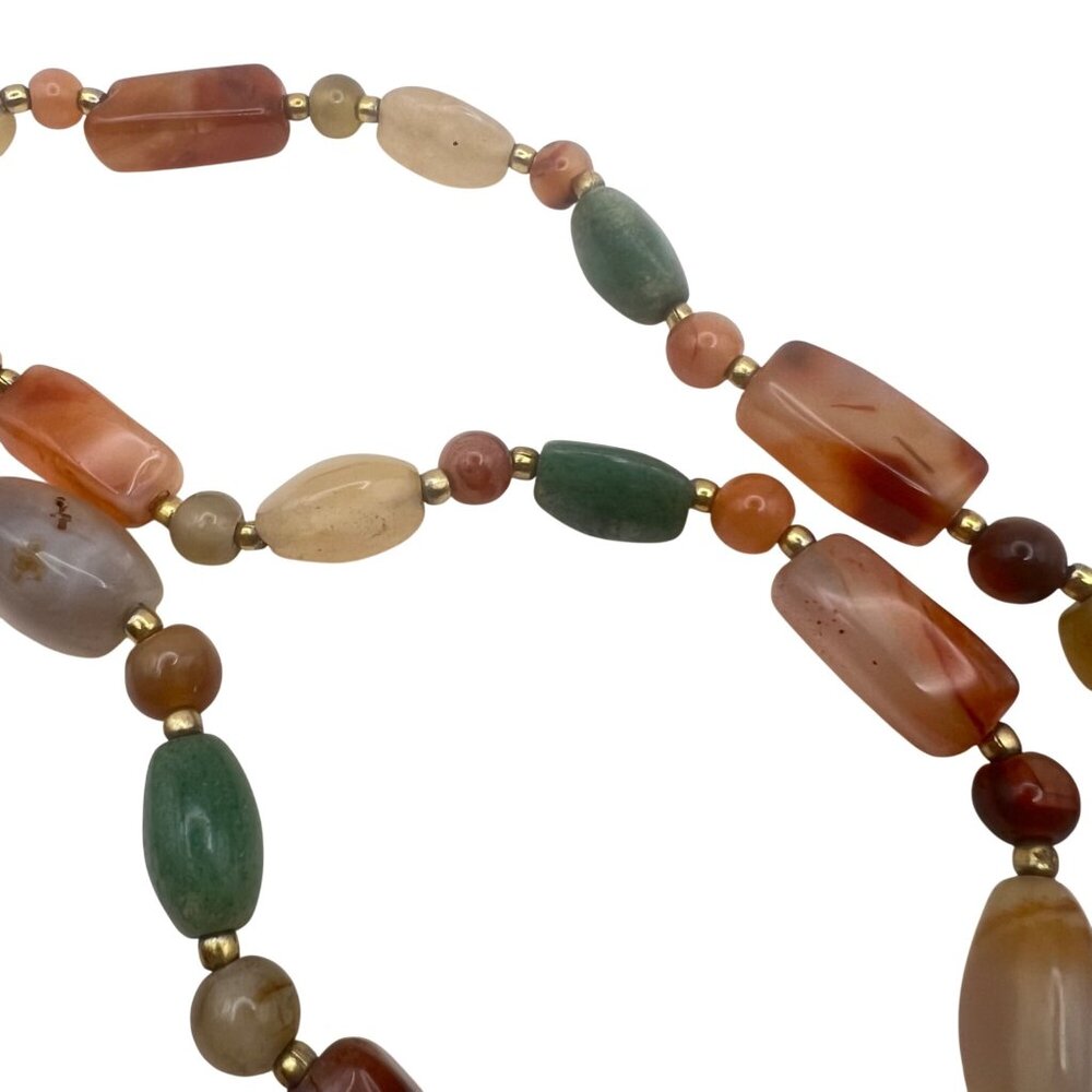 Multicolor Carnelian Agate Beaded Necklace 33" Gold-Tone Barrel Earthy Boho - Picture 9 of 14